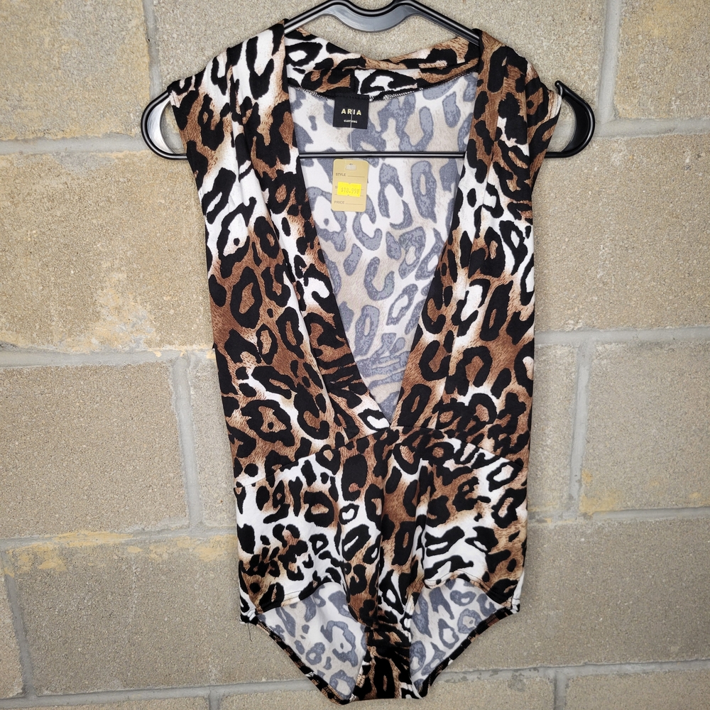 Aria Leopard Print Bodysuit Women’s L Brown Black White One Piece NWT